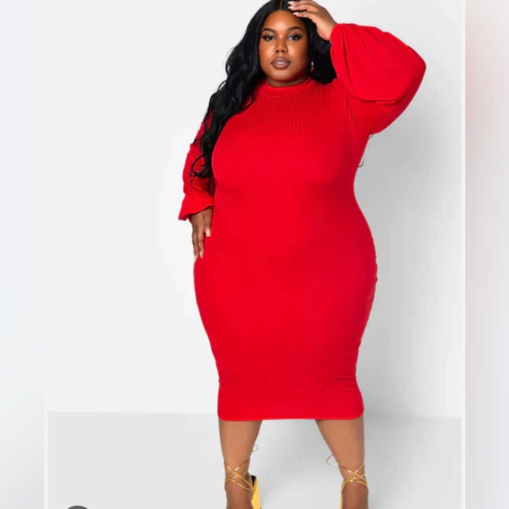 Here For It Ribbed Turtleneck Puff Sleeve Midi Bodycon Dress - Red